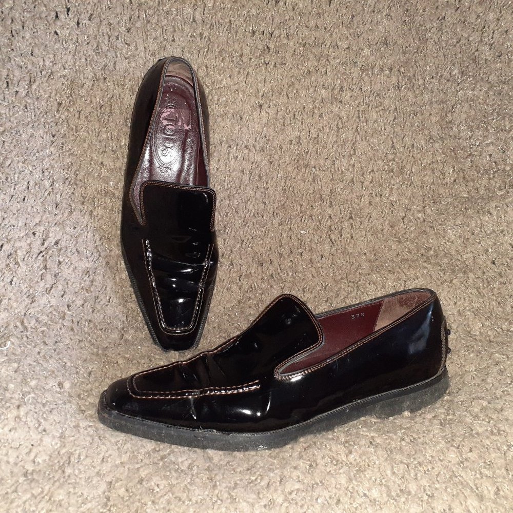 TOD'S-Black Patent-Contrast Stitch-Square Toe-Rubber Soles-SZ 37.5-Excellent